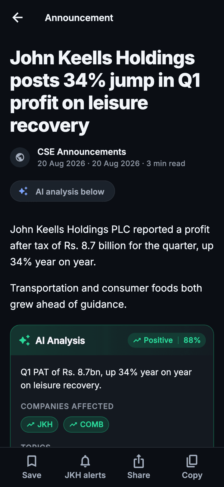 An article in the app: the headline, its source and date, the opening paragraphs, and an AI Analysis card reading Positive at 88% with the companies affected.