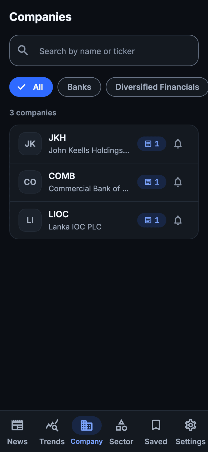 The Companies screen: a search box, sector filter chips, and a list of companies by ticker, each with a story count and a bell icon to follow it.