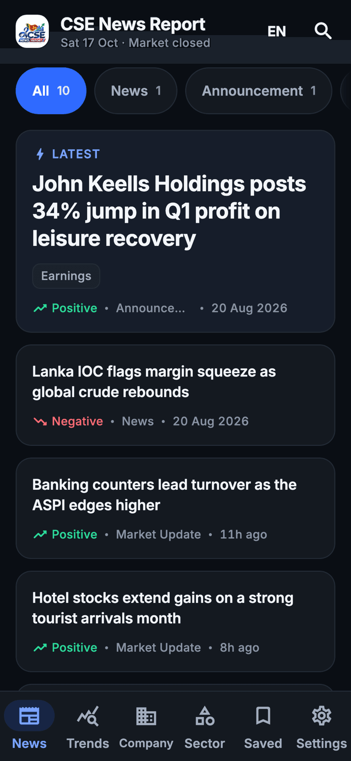 The app’s news feed: a lead story card followed by more headlines, each marked Positive or Negative with an arrow icon, its story type and date.