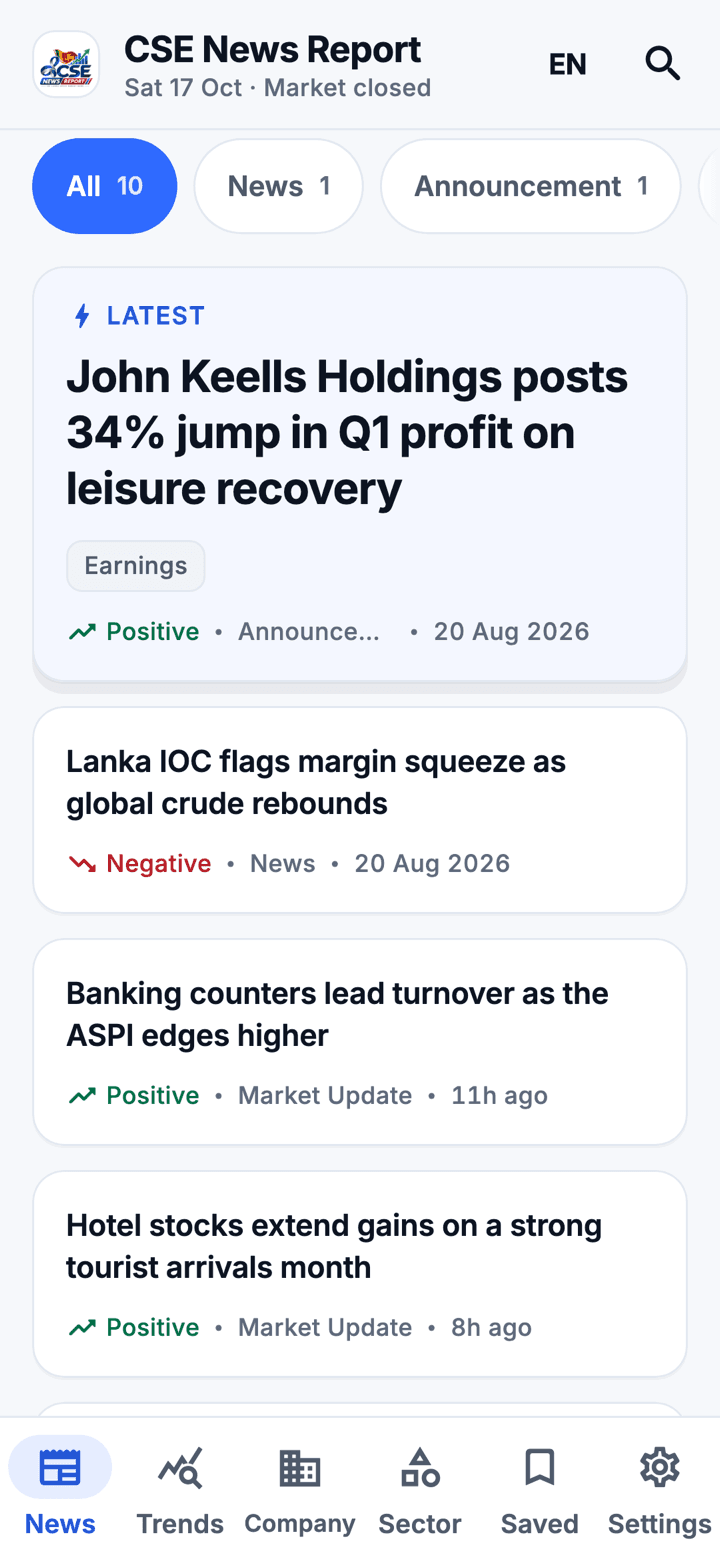 The news feed, a list of story cards. Each card shows a headline, a sentiment such as Positive or Negative with a matching arrow icon, the story type and the date.